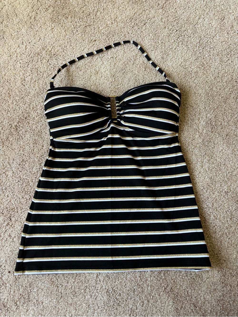 Ralph Lauren Black Swim Top with White and Gold Stripes